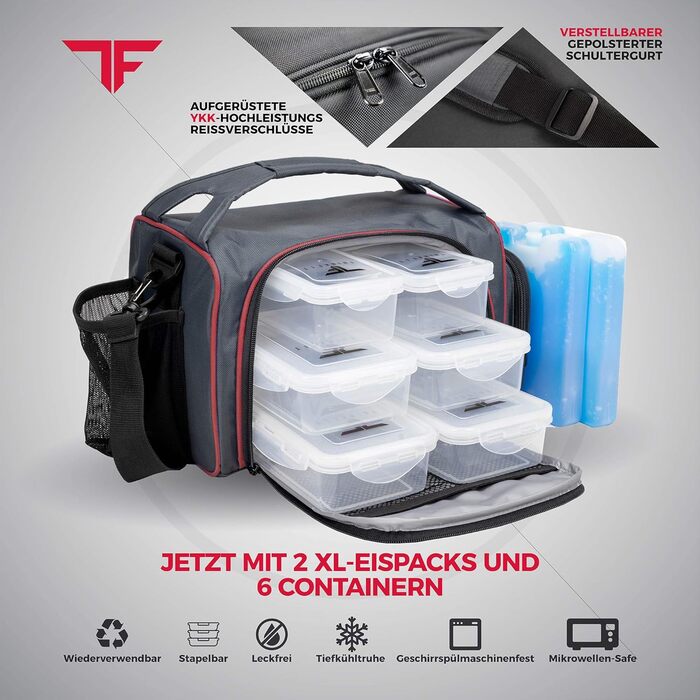 Ізотермічна ланчбокс з 6 контейнерами для їжі – BPA-Free, багаторазовий, підходить для мікрохвильової печі та морозильної камери – ланч-сумка з шейкером, органайзером для пігулок, плечовим ременем та охолоджувальними пакетами – червона сумка-холодильник