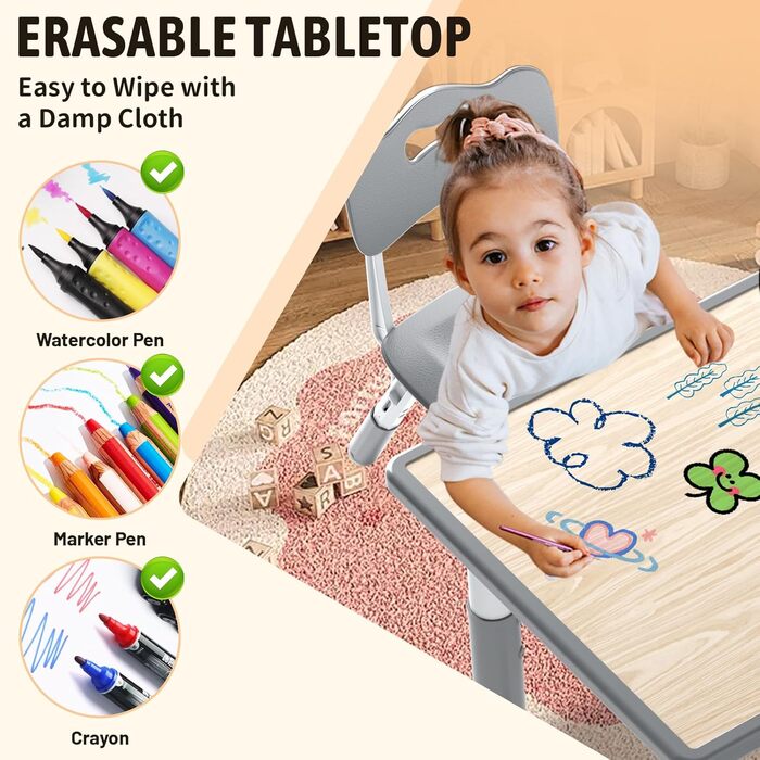 Дитячий стіл зі стільцями, дитяча група сидіння, регульована по висоті з HDPE та ABS, багатофункціональний дитячий стіл для дітей від 2 до 10 років, ергономічний набір столу та стільця для дитячої кімнати, 60*60 см, сірий