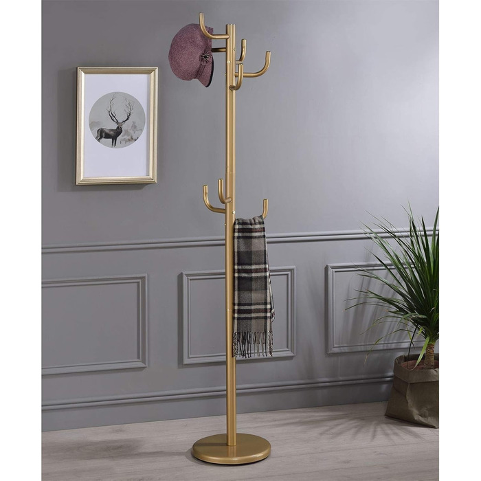 Металева стійка для одягу IDIMEX Mila з 8 гачками, золота. Практичний вішак для одягу з круглим підставою