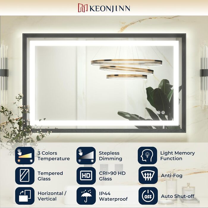 Дзеркало для ванної кімнати Keonjinn з підсвічуванням, металевий каркас 50x70 см, антизапар, LED, сенсорне керування, 3 кольори світла, диммування, пам'ять, настінне дзеркало (Чорний, 60 x 100 см)