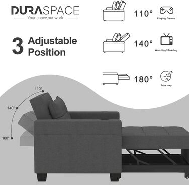 Розкладне крісло-ліжко DURASPACE 99 см, 3-в-1, темно-сіре, з USB, кишенею та підстаканником для малих кімнат
