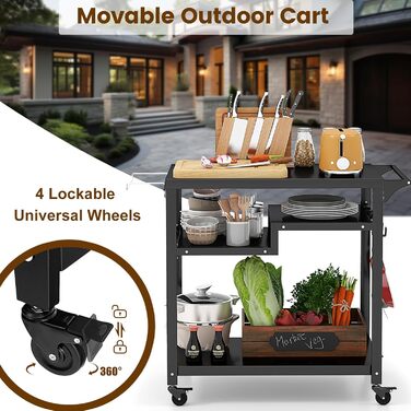 Візок для гриля Komfotteu з металу, садовий візок з робочим столом, 4 полиці та ручка, візок для гриля з 6 гачками та тримачем для сміттєвих пакетів, чорний