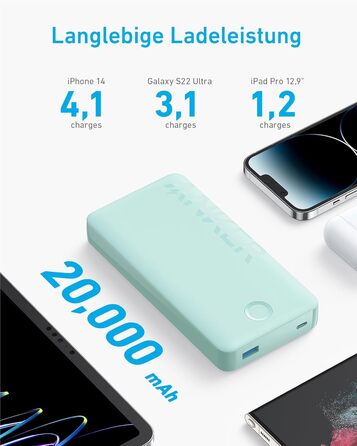 Пауербанк 20 000 мАг, USB-C, 15 Вт, для iPhone/Galaxy, зелений, 20K II