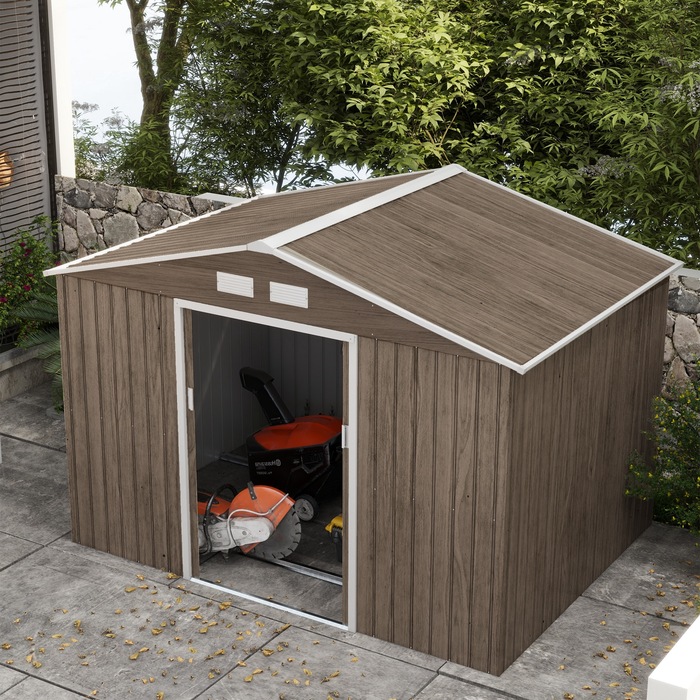Outsunny Garden Shed 4,9 м², Садовий сарай з моноскатним дахом, Розсувні двері, Фундамент, 277 x 195 x 192 см, Сарай для інструментів з оцинкованої сталі, Стійкий до погодних умов, Для саду, Світло-коричневий | Аосом