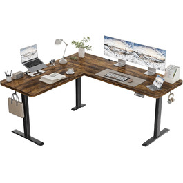 Регульований кутовий стіл 160x140 см з полицею, електропривод, коричневий