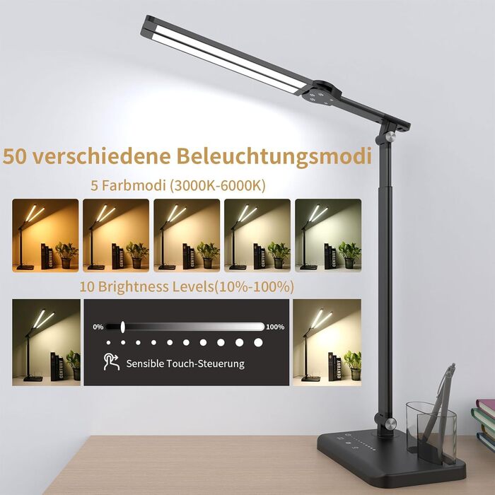 iVict LED лампа настільна з двома головками, регульована висота, диммер, USB-порт, 5 режимів, для дітей, сенсорне керування, нічник, для читання, рукоділля, роботи