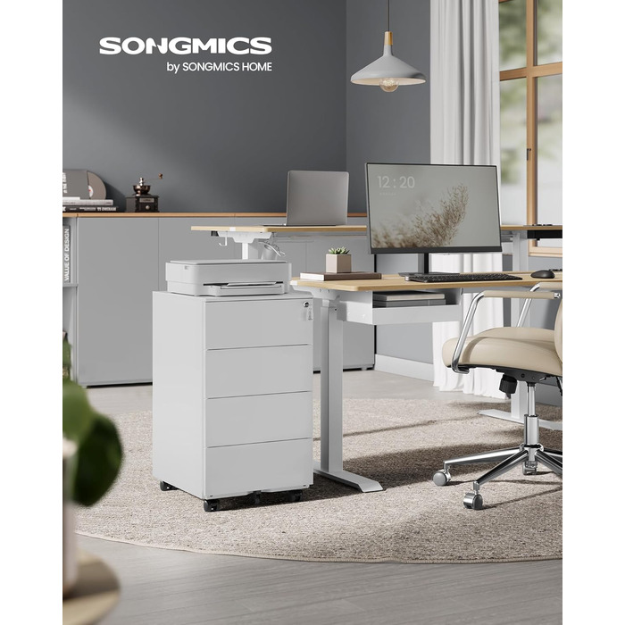 SONGMICS Шафа-тумба з шухлядами, мобільний офісний шафка, металевий шафка-тумба, стіл для принтера, з замком, 3 шухляди, збірно-монтажний, для офісу, дому, 45 x 39 x 54 см, вогненно-білий