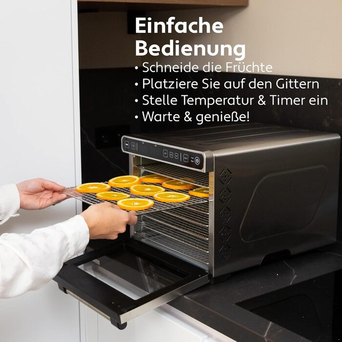 Дегідратор Vita 5 з 6 решітками для сушіння фруктів, овочів та м'яса. Поверхня сушіння 0,7 м², регулювання температури 35-75°C, таймер 24 год, LED дисплей, 650W