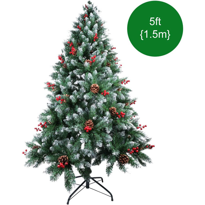Штучна Різдвяна ялинка 150 см зі снігом, 450 вершин ялинково-Зелена Різдвяна ялинка, соснові шишки 39 шт. , червоні ягоди 39 шт.
