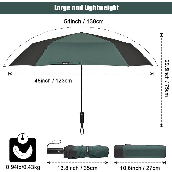 Дюймова велика складна парасолька та парасолька для гольфу, автоматична, вітрозахисна, компактна, чорна/темно-зелена, 4Free 54-