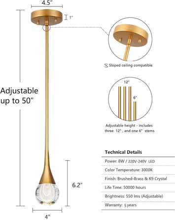 Кришталевий підвісний світильник з регулюванням висоти, світлодіодний підвісний світильник для вітальні та їдальні (золото)