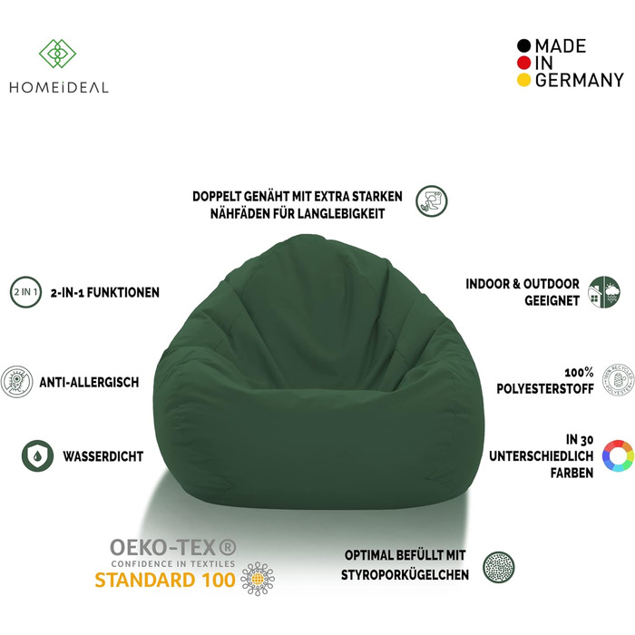 Подушка для підлоги Beanbag XXL для дорослих і дітей - підходить для ігор або відпочинку - в приміщенні та на вулиці, оскільки вона водонепроникна - з намистинами EPS, колір темно-зелений, розмір XL