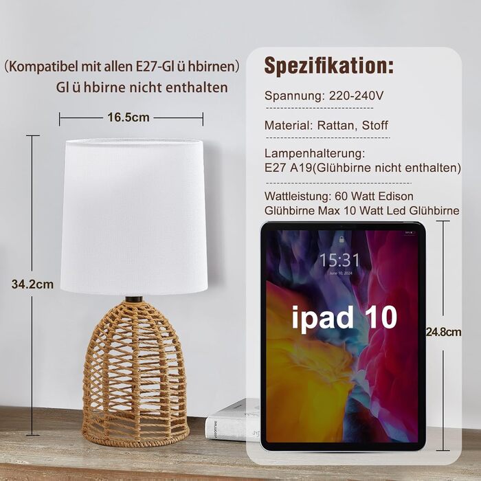 Настільна лампа GyroVu 2 шт. з ротангу, Бохо стиль, цоколь E27, для спальні, вітальні, нічний столик, читання, рустикальний дизайн