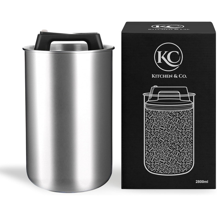 Контейнер для кави KC Kitchen & Co. на 1 кг з нержавіючої сталі, герметичний, з вакуумним клапаном, для кави, чаю, цукру, мюслі, білий матовий (2800 мл)