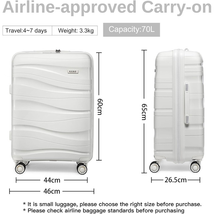 KONO Чемодан середнього розміру 65 см з поліпропілену з TSA замком, 65x46x26.5 см (Крем-білий)