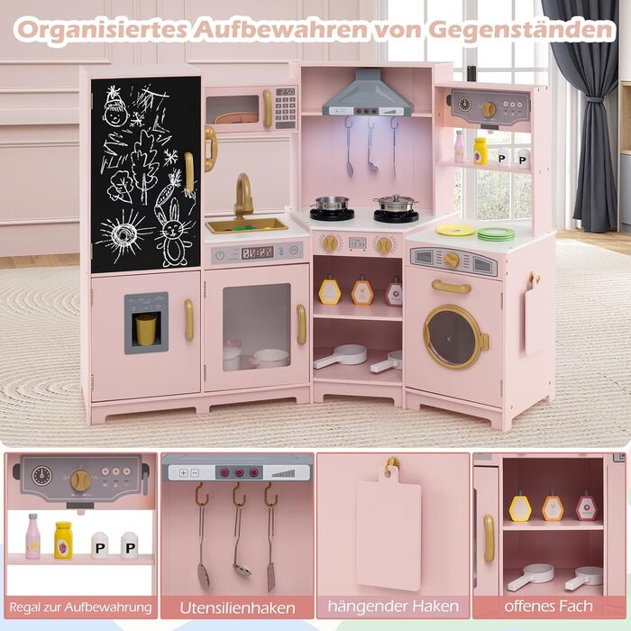Дерев'яна дитяча кухня COSTWAY з підсвічуванням та звуком, кутова кухня з дошками, мікрохвильовою піччю, раковиною, духовкою та місцем для зберігання, з аксесуарами, іграшкова кухня для дітей від 3 років (білий/рожевий)