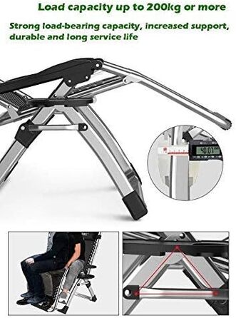 Розслаблюючий шезлонг для відпочинку на сонце: складний, з підтримкою 200 кг, чорний з сірими подушками. Ідеально для саду, тераси, пляжу, кемпінгу та відпочинку вдома.