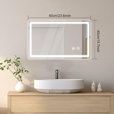 LED дзеркало для ванної кімнати KLGFI з підсвічуванням, сенсорним вимикачем та функцією запобігання запотіванню, 50 x 70 см