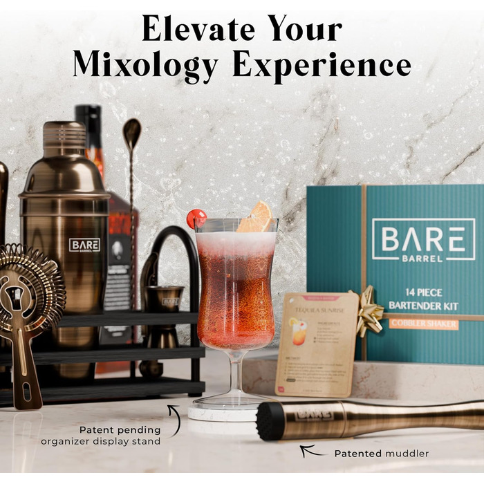 Набір бармена BARE BARREL Mixology з 14 предметів, шейкер для шевців з матової латуні 24 унції, 35 карток рецептів