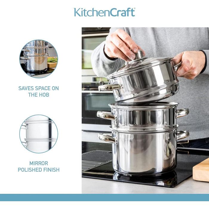 Набір каструль KitchenCraft 3 яруси, індукційний, нержавіюча сталь, 16 см, срібло, в подарунковій коробці