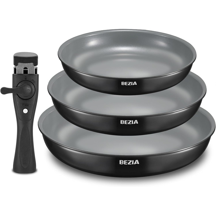 Набір сковорідок BEZIA з знімними ручками, антипригарне покриття, індукційні, 20+24+28 см, стакельне, придатні для миття в посудомийній машині та духовці