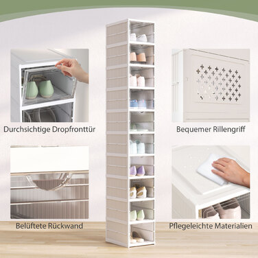 10-ярусна полиця для взуття, шафа для взуття, складана, з вентильованою задньою стінкою, пластик, біла