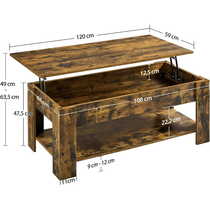 Журнальний столик Yaheetech з регульованою висотою та прихованим місцем для зберігання, колір: іржавий коричневий (120 x 59 x (49,5-63,5) см)