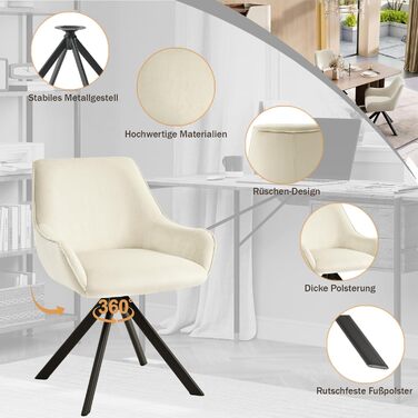 Обідні стільці поворотні, комплект 6 шт. з підлокітниками, 360° - м'які стільці з тканини льон, сучасний дизайн, металевий каркас, для кухні, вітальні, офісу, бежевий
