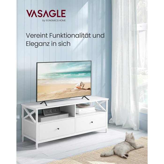 Тумба під телевізор VASAGLE, 120 см, з 2 шухлядами та 2 відкритими полицями, для телевізорів до 55 дюймів, сталевий каркас, вінтажний колір, LTV300B01