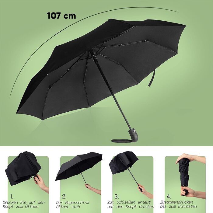 Штормова парасолька Villkin, автоматична, чорна, 107см, кишенькова парасолька