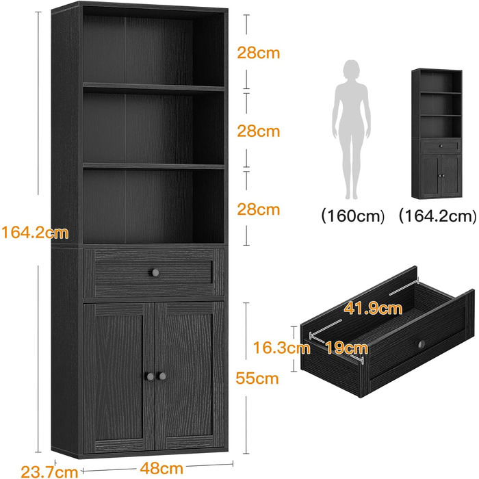 Стелаж Coleshome з дверцятами та шухлядами, 5 полиць, 48x24x164.2 см, білий/чорний