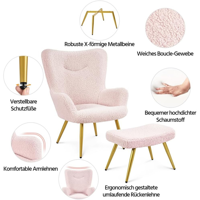 Крісло-мішок Yaheetech з м'якої тканини, крісло для відпочинку, телевізор, крісло-релакс, крісло-трансформер, стильний дизайн, білий (рожевий, з пуфом)