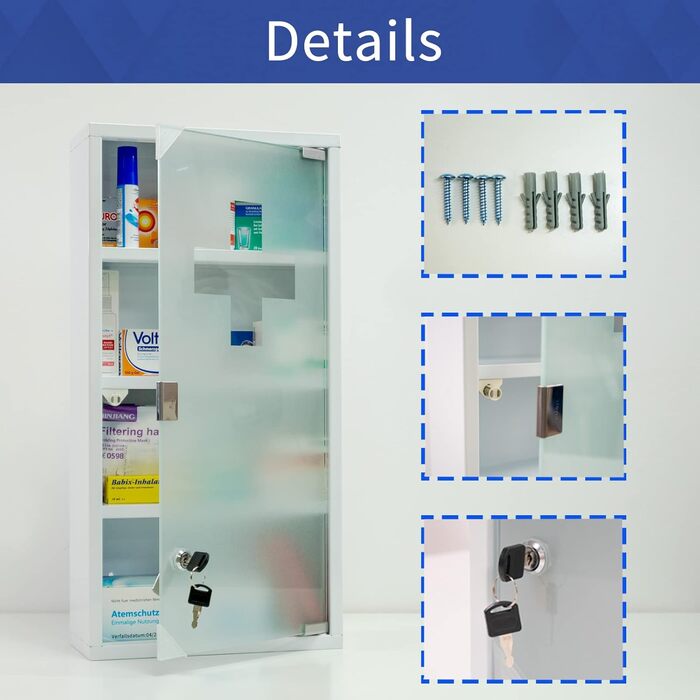 Шафка для ліків Style Home з приладною ручкою, 60x30x12 см, 4 відділення, металева, з дверцятами зі скла, з ключем (біла)