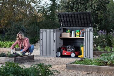 Keter Store It Out Nova пластиковий садовий сарай, 132x71,5x113,5 см, 880 л, для 2 сміттєвих баків по 120 л, вуличний, захист від негоди, замикається, світло-сірий