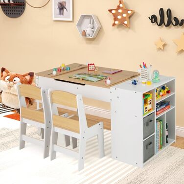 Детский стол Dreamade 3 в 1 с 2 стульями из дерева, стол для рисования с откидной столешницей и 2 тканевыми ящиками & рулон бумаги, детская мебель с хранением для детской комнаты (Натуральный, с 7 секциями)