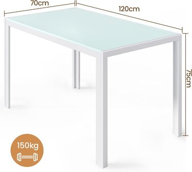 Стіл Bealife з загартованого скла, 120x70x75 см, білий. Сучасний кухонний стіл з металевим каркасом, стійкий до подряпин та тепла. Для кухні, вітальні, їдальні або кавової зони, home office.