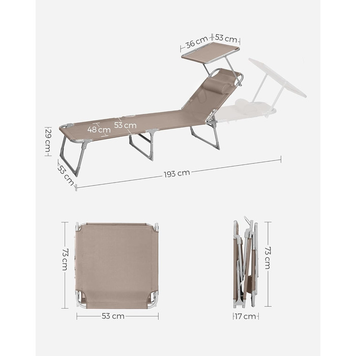 Лежак для відпочинку SONGMICS, розкладний, 193 x 53 x 29 см, до 150 кг, захист від сонця, подушка, регульована спинка, для саду, басейну, тераси (Taupe, без наматрацу)