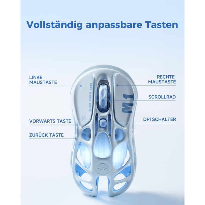 Миша ігрова бездротова GravaStar Mercury M1 Pro, 26000 DPI, 4K, PAW3395, 88г, Bluetooth/2.4G/кабель, RGB, 5 кнопок – Чорний градієнт (Електро-блакитний)