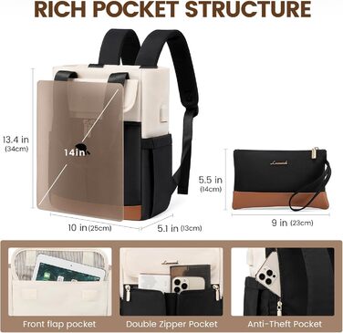 LOVEVOOK Рюкзак для жінок, 13.3 дюйми: компактний міський рюкзак, сумочка, елегантна сумка через плече, водонепроникний, для ноутбука, бежевий, чорний, коричневий