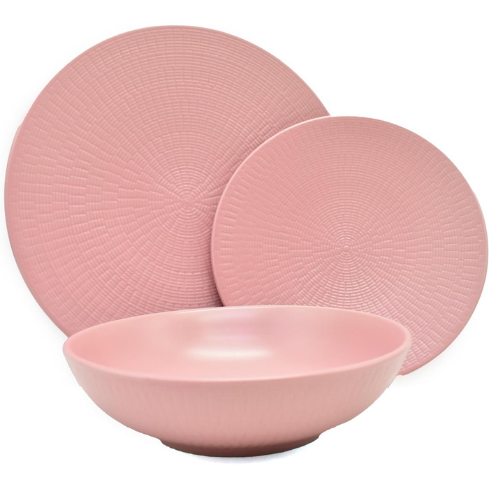 Обідній сервіз, дизайн Blanka Nature, на 4 особи, Стильний набір посуду з фаянсовою структурою з 4 обідніми тарілками, 4 бічними тарілками, 4 тарілками для супу, рожевими (18 шт. )