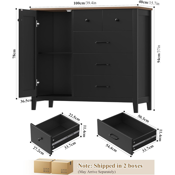 Сайдборд HOCSOK: кухонна шафа з 5 шухлядами та 1 дверцятами, буфет з робочою поверхнею, колір білий+коричневий