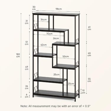 Стильна полиця Bealife для книг, 5 ярусів, чорна, 98 x 30 x 180 см. Відкрита полиця для вітальні, офісу, робочого кабінету, в стилі індустріальний дизайн