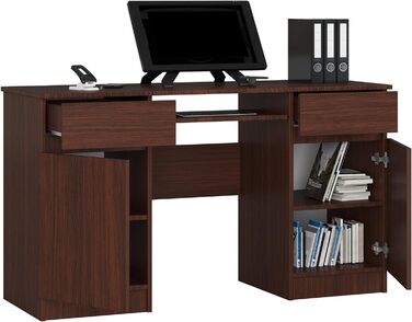 Стіл для ПК A5 з лотком для клавіатури Офісний стіл Комп'ютерний стіл Офісний стіл з лотком для клавіатури 2 шухляди та 2 дверні полиці, W135 x H77 x D50 см, 58 кг (Венге)