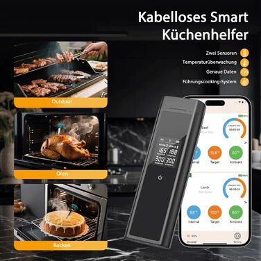 Бездротовий термометр для м'яса BlueSwan Grillthermometer з LCD дисплеєм (2 шт.), водонепроникні зонди IP67, 48 годин роботи від акумулятора, магнітна коробка, Bluetooth 150м, додаток з 9 режимами приготування, термометр для BBQ, духовки, гриля, кухні