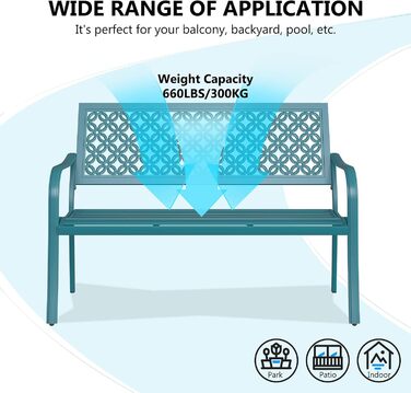 Металева лавка Grand Patio для саду, парку, балкону - 2-3 особи, з підлокітниками, ретро-стиль, блакитна