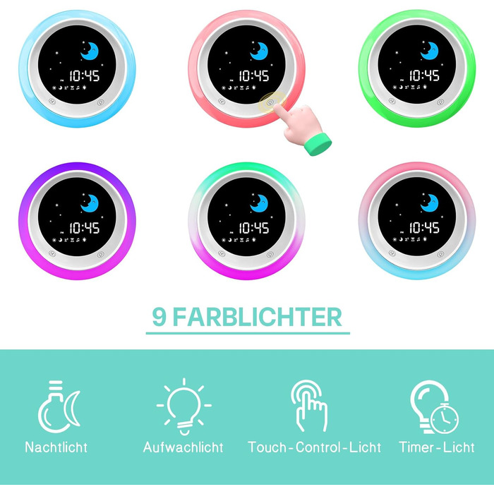 Дитячий ліхтарик-годинник Kinderwecker: тренажер сну, звукова машина, таймер, 9 кольорів - для хлопчиків та дівчаток (синій)