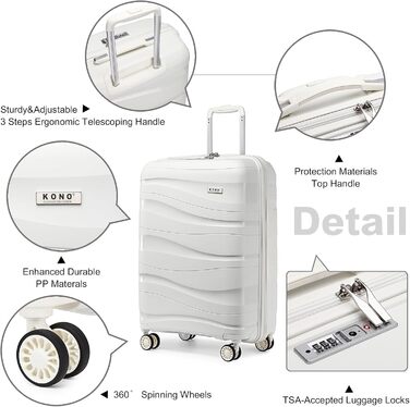 Валіза-тележка KONO, велика, легка, з жорстким корпусом, TSA-замок, 4 колеса (біла, XL)