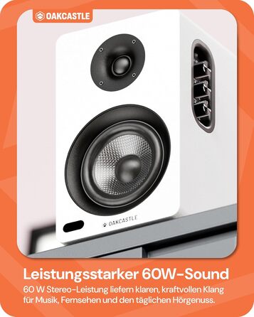 Акустична система Oakcastle BK100 Bluetooth 5.4, 60W 2.0 Hi-Fi поличні колонки для телевізора (HDMI ARC) та ПК, білі, з пультом