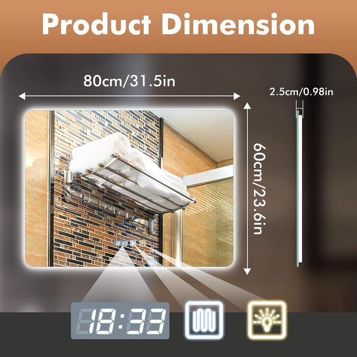 Дзеркало для ванної кімнати Sararoom з підсвічуванням, кругле LED дзеркало 600 мм, дзеркало для ванної кімнати з підсвічуванням, 3 кольори світла, регулювання яскравості, загартоване скло, функція пам'яті, запобігання запотіванню (прямокутне 80 x 60 см)