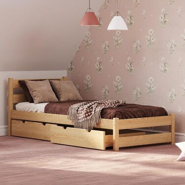 Дитяче ліжко Врубель 90x200 см з 2 шухлядами та ламелями - односпальне ліжко з масиву сосни - ліжко Монтессорі для дітей - ліжко-юніор білого кольору - без матрацу